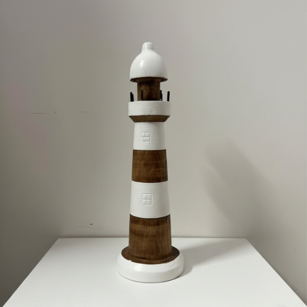 Light House Nauticle Decor model with white and brown stripes on a white surface.