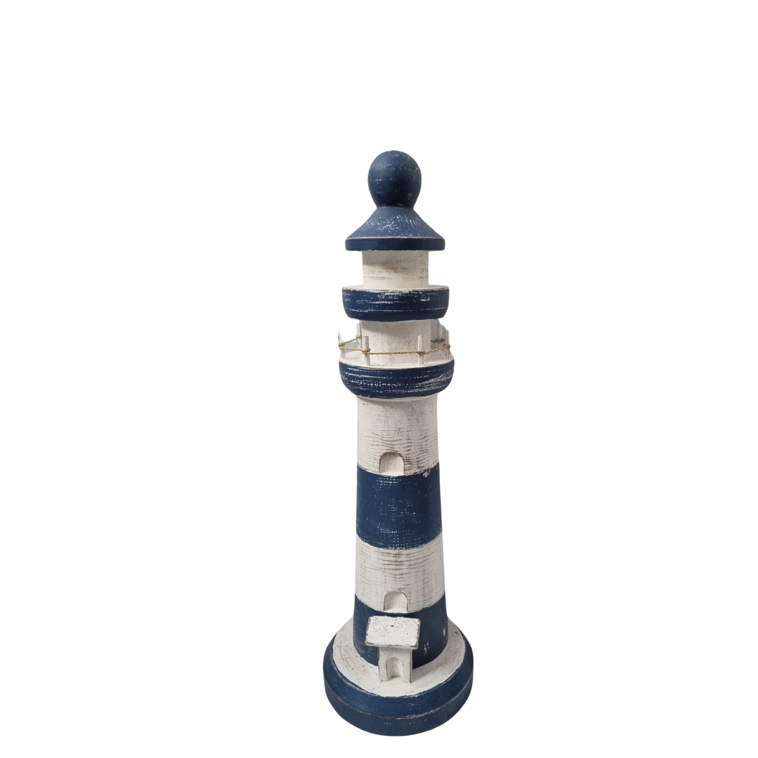 Single navy and white striped wooden figurine, tall with round ball finial, on a white background