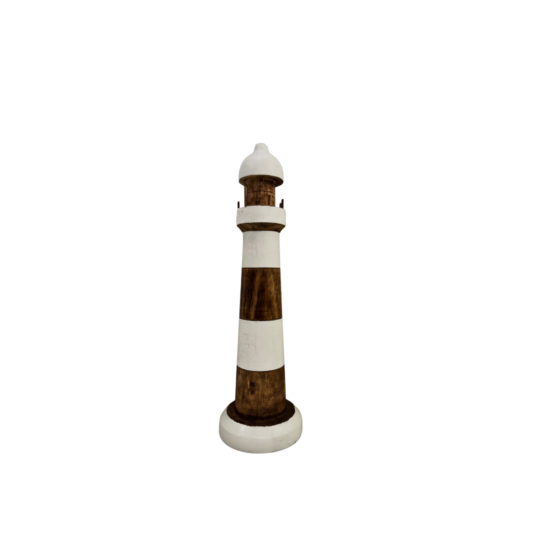 Decorative lighthouse with brown and white stripes on a white background