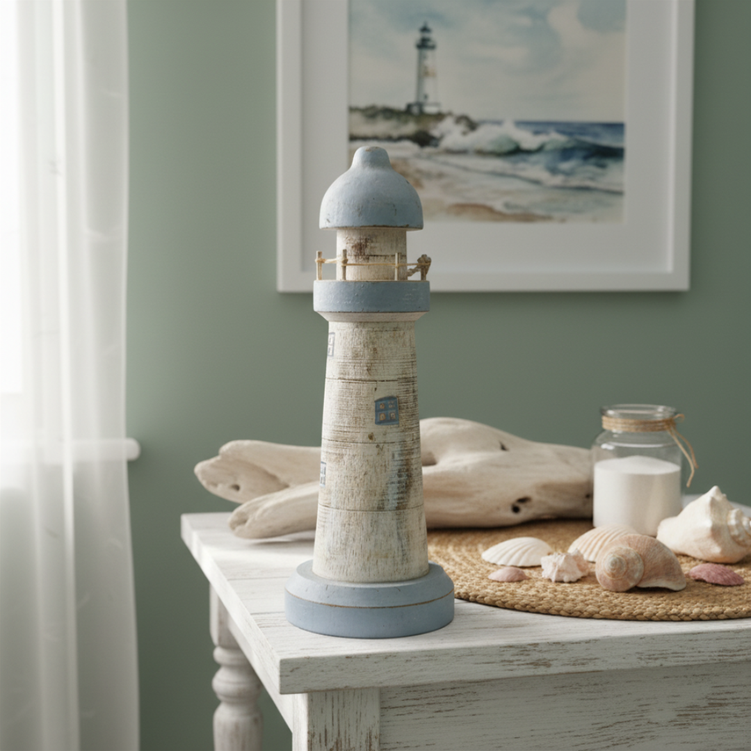 A distressed light blue and white lighthouse figurine styled on a white wooden table with driftwood, seashells, and a glass jar, set against a sage green wall with a framed picture.