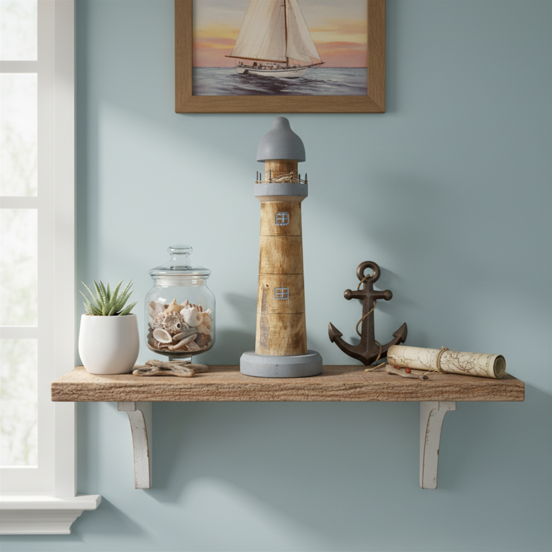 Coastal wooden lighthouse décor figurine on a white console table with driftwood, shells and watercolour print
