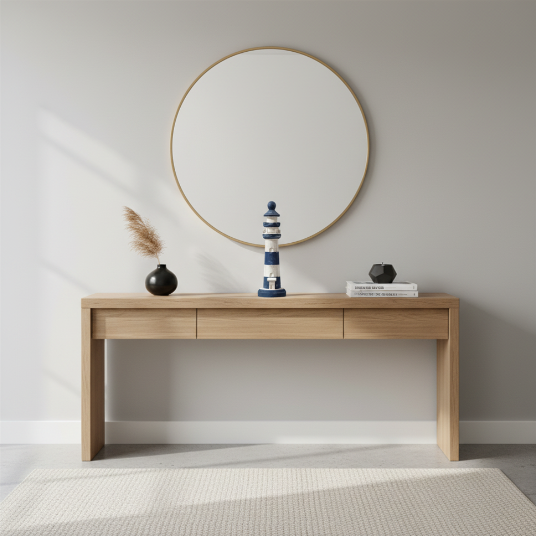 A light oak wood console table styled in a minimalist room setting with a large round wooden mirror on the wall, a small lighthouse figurine, a black vase with dried grass, and a stack of books.