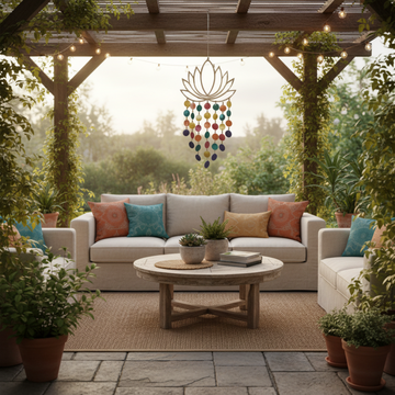 Multicolour wind chime with bamboo lotus frame hanging from a timber pergola in a tropical garden, rattan armchair in foreground, lush green palms and pink flowering plants in warm golden afternoon light