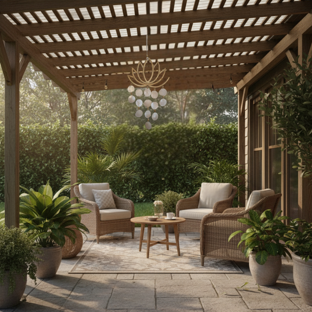 White/Natural hanging under a timber pergola, rattan seating, lush greenery