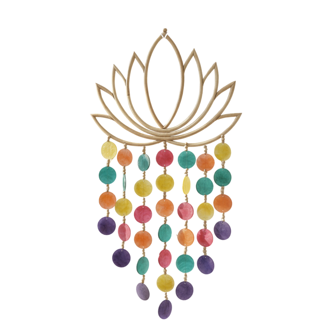 Decorative wall hanging with lotus flower design and colorful beads on a white background
