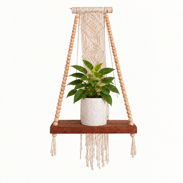 Macrame shelf pot hanging with a solid wooden board and beaded supports