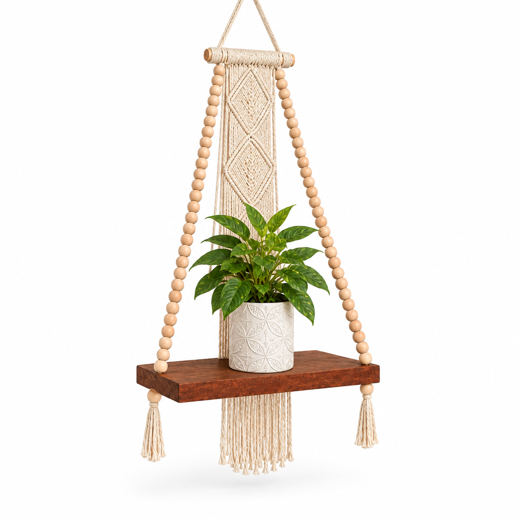 LEFT-angle view of the wooden board, beaded supports and green plant in a white pot