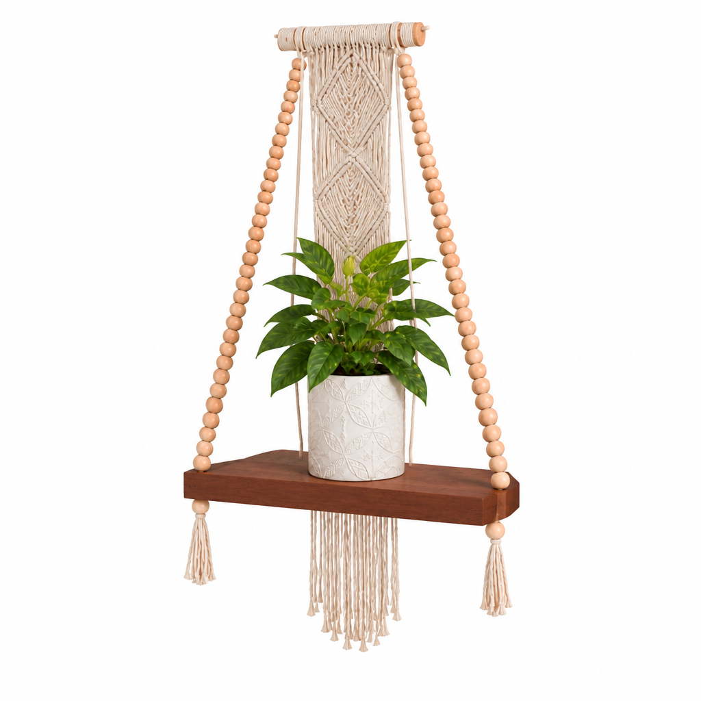 Angled view of a dark wooden hanging board with cream woven diamonds, beaded cords and a leafy plant