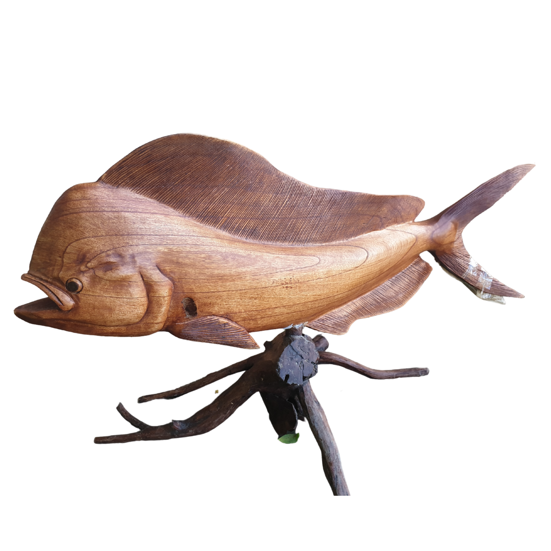 Wooden fish sculpture on a white background
