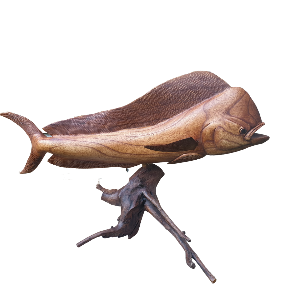 Wooden fish sculpture on a white background