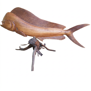 Side view showing warm brown grain, finely grooved fins and a branching natural stand against a white background.