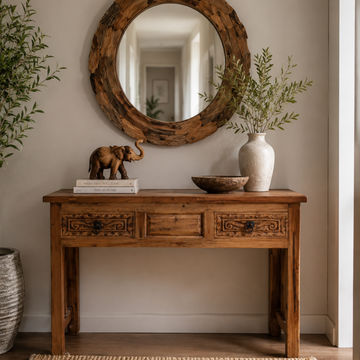 Hand-carved figurine with trunk raised, styled on a carved timber console table with a round wooden mirror, white ceramic vase with greenery, and a stone bowl in a warm neutral entryway