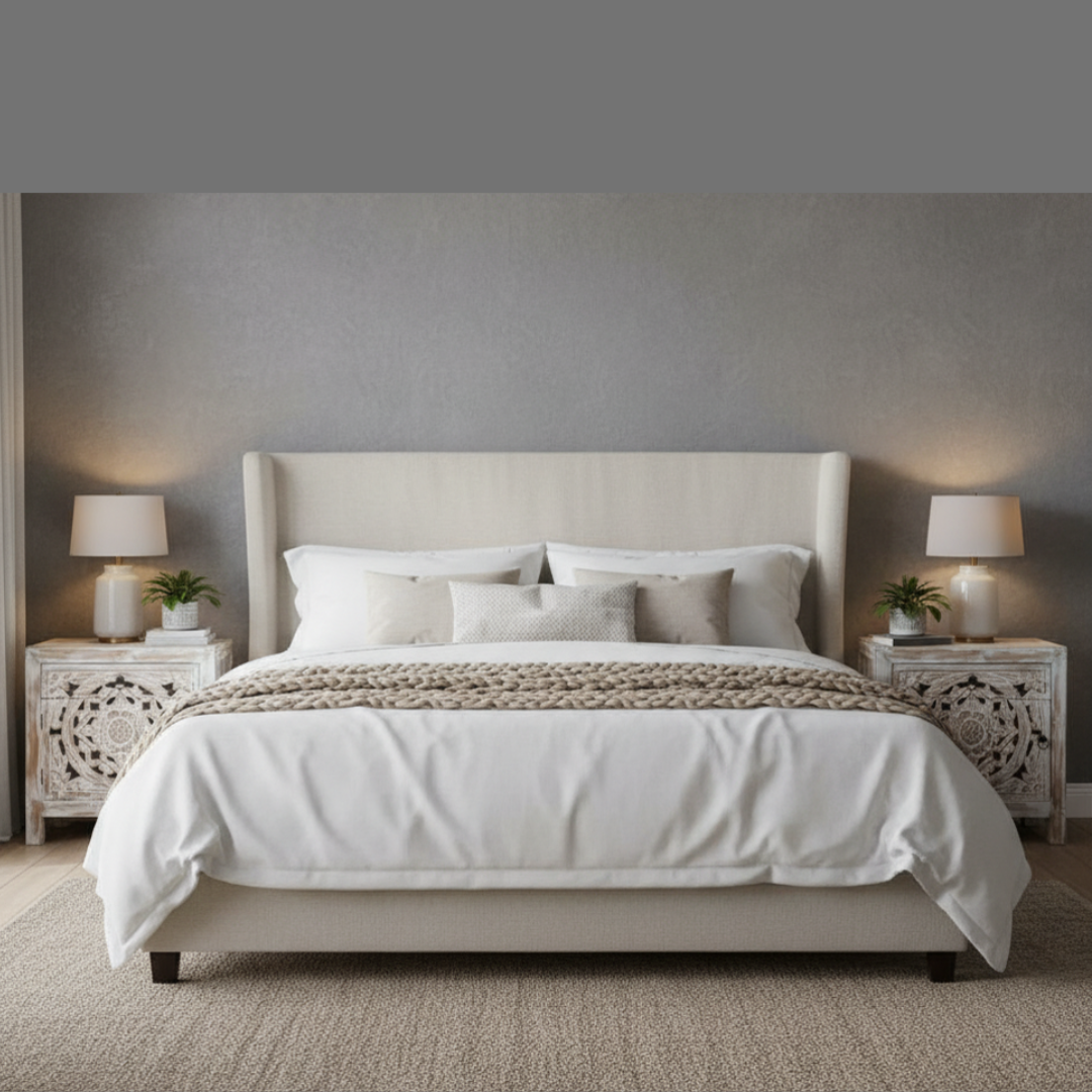 Pair of whitewash carved teak bedside tables flanking a king bed in a clean Hamptons-style bedroom with white linen and table lamps