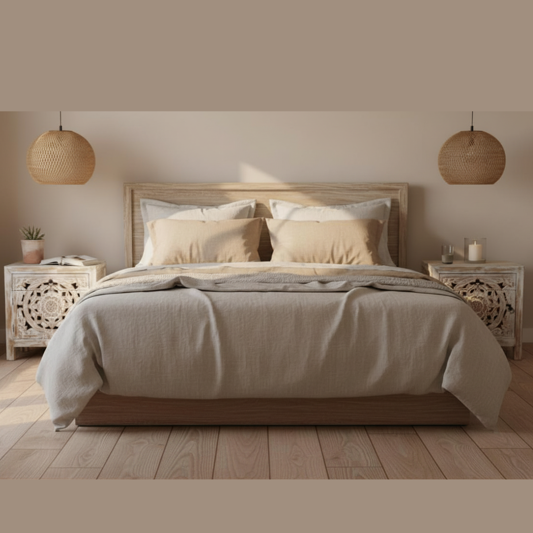 Mandala hand-carved Balinese bedside table styled in a warm boho bedroom with rattan pendant lights, linen bedding, and trailing greenery
