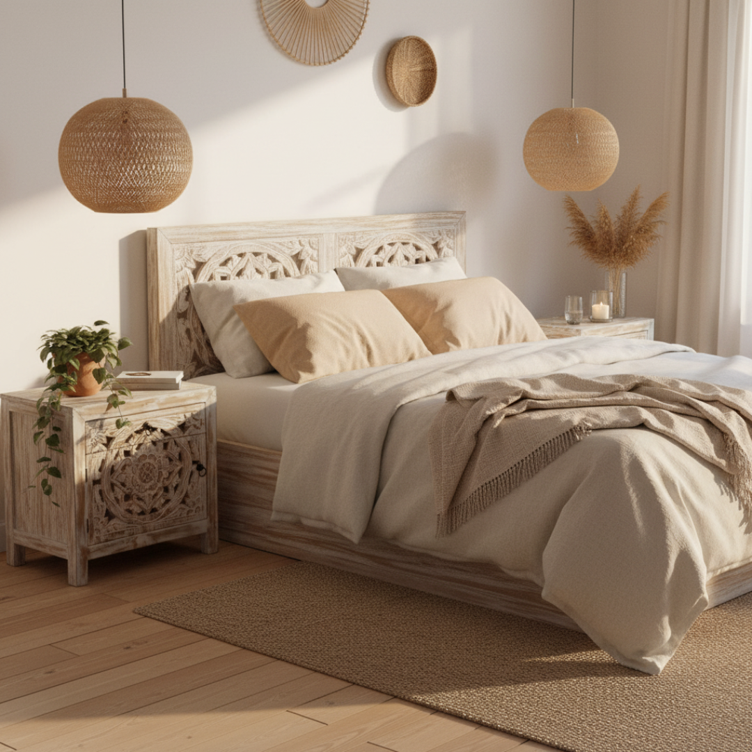 Mandala hand-carved Balinese bedside table styled in a warm boho bedroom with rattan pendant lights, linen bedding, and trailing greenery