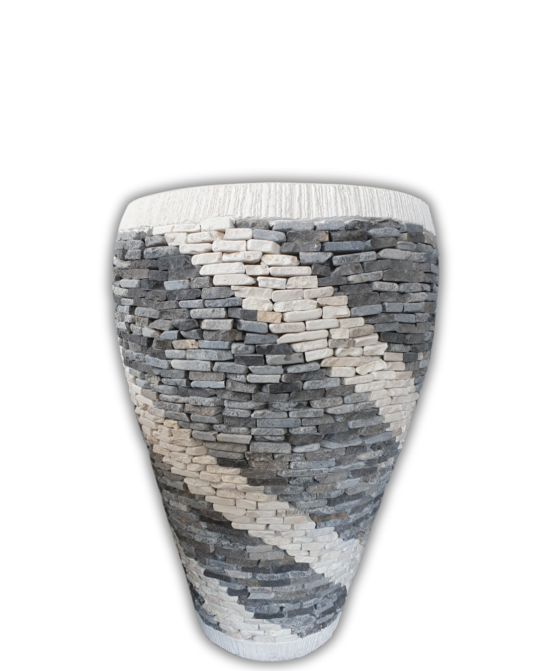 Marble and pebble Balinese style garden pot on a white background, showing the handcrafted grey and white stone mosaic texture and concrete rim detail