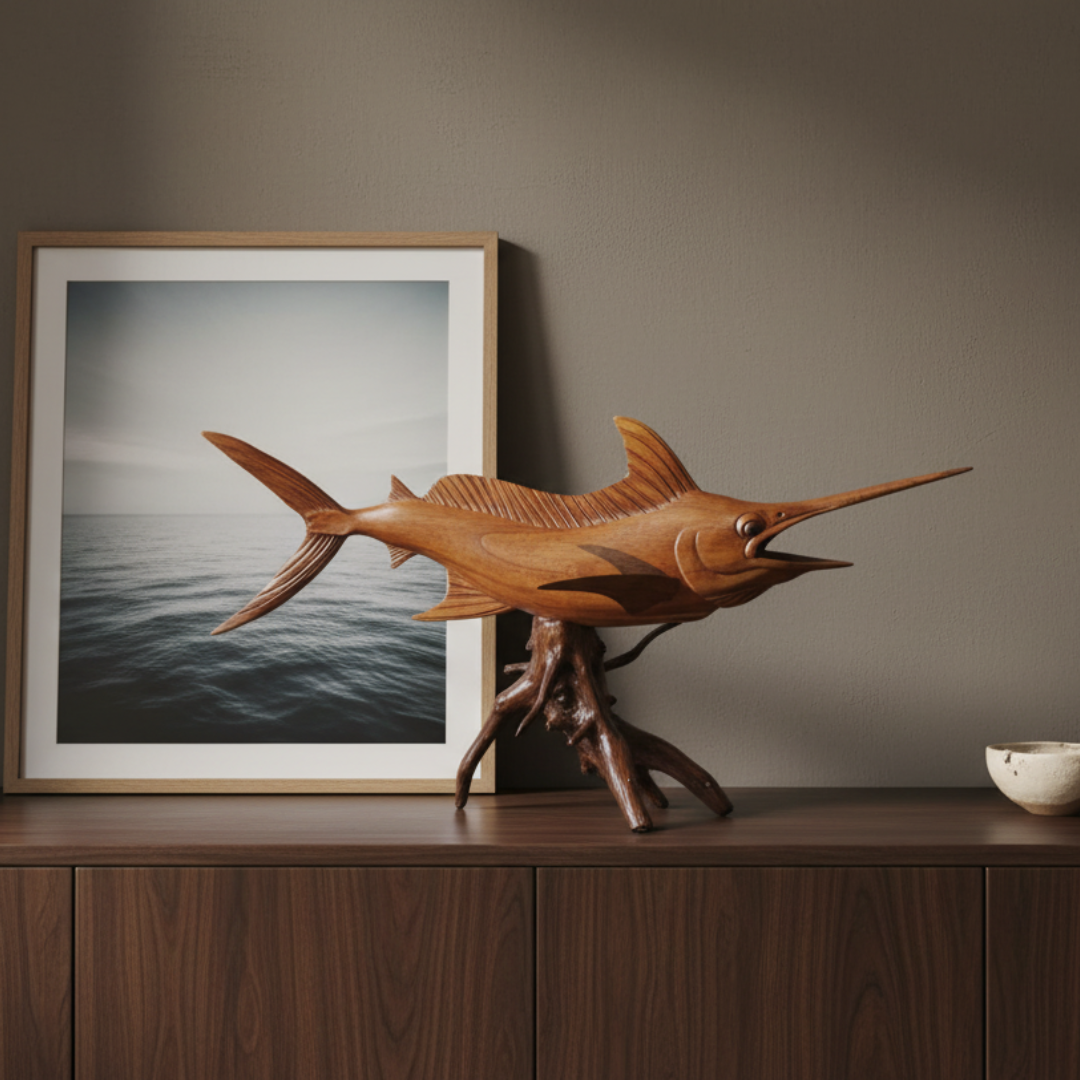 Wooden fish sculpture on a wooden surface with a framed picture in the background. 100m