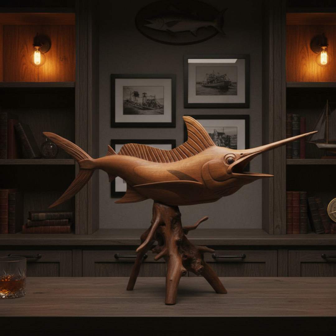 Wooden fish sculpture on a stand in a dimly lit room with bookshelves and framed pictures.
