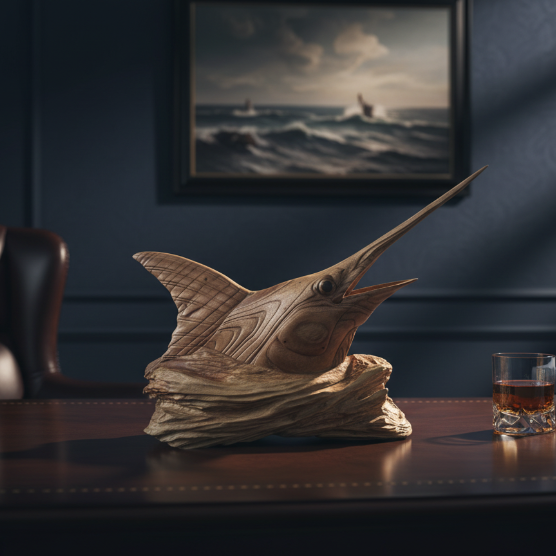 Wooden marlin sculpture on a table with a glass of whiskey and a painting in the background.