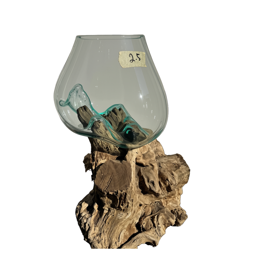 Round wide-mouth bowl perched on a gnarled twisted wood base, clear aqua tint, white background, Style 3 side view