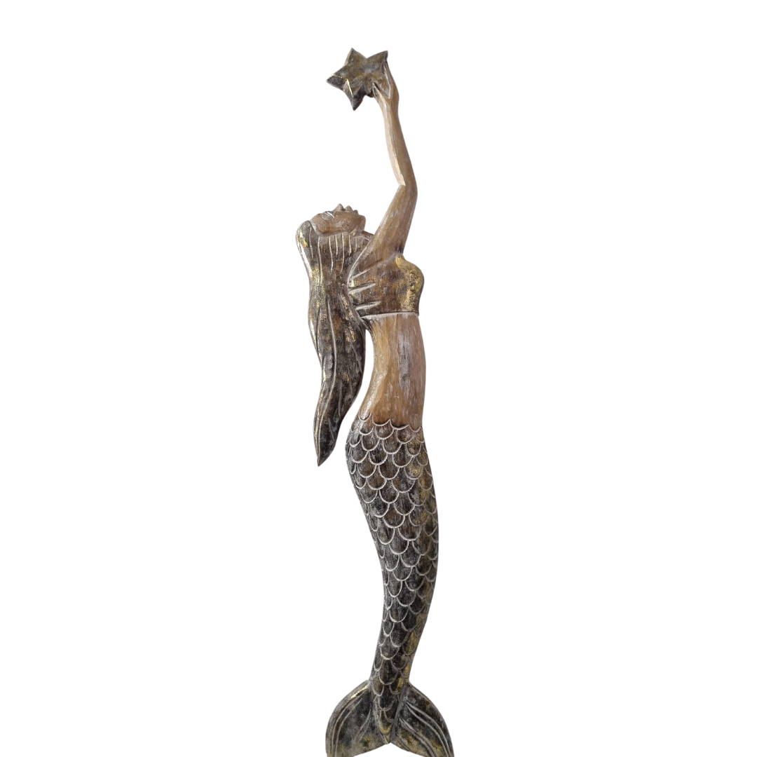 Handcrafted wooden mermaid wall art holding a starfish, displayed on a white wall, rustic coastal décor