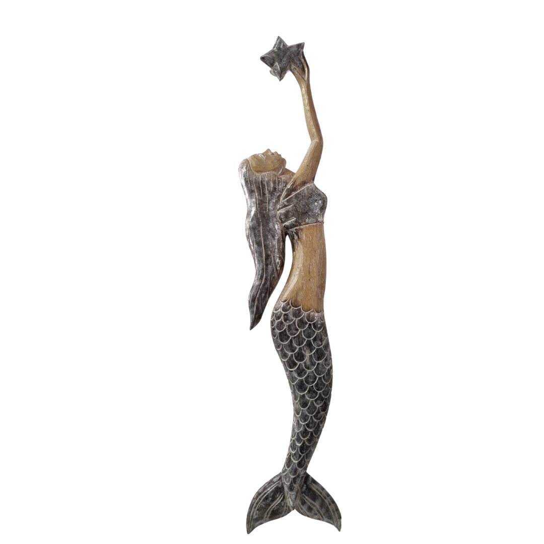 Hand-carved wooden wall art depicting a mermaid holding a starfish, with a rustic finish.