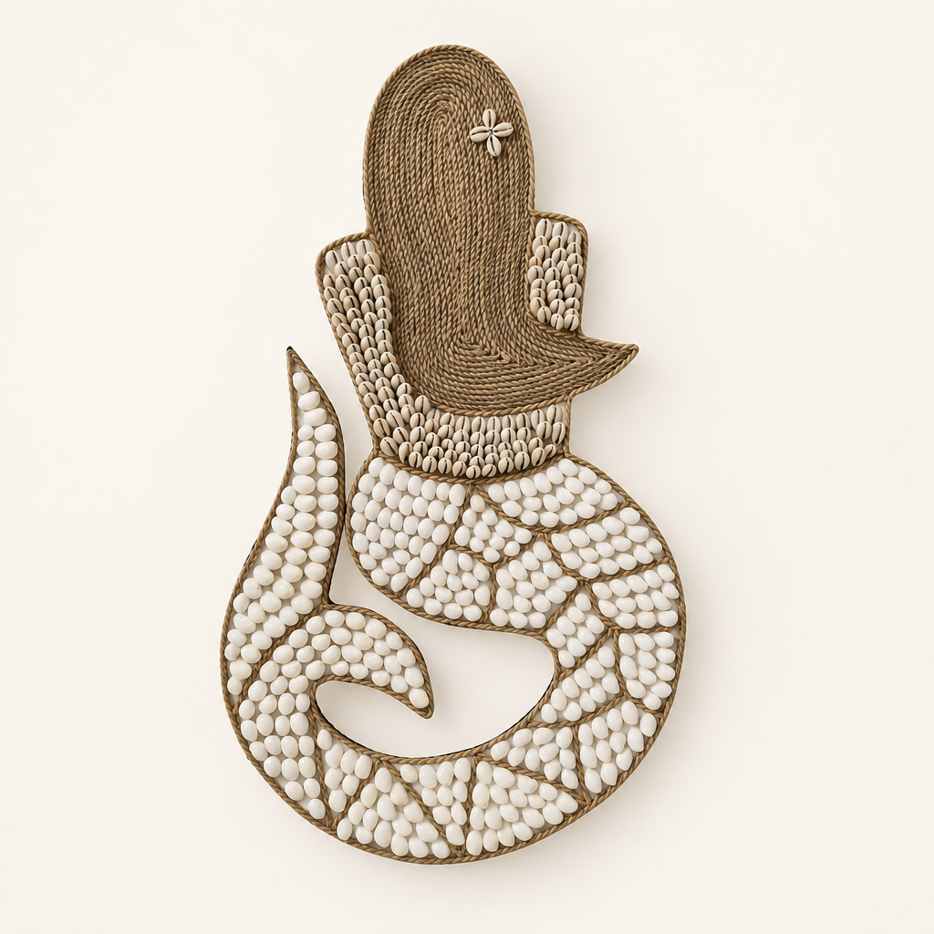 White shells covering a curled mermaid tail beneath woven jute hair and a small shell flower