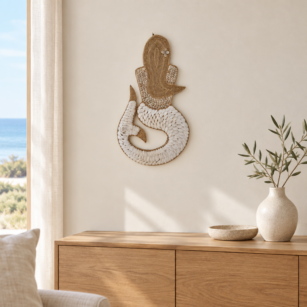 Beige and white decoration above a wooden console with a vase and bowl, beside a window overlooking the ocean