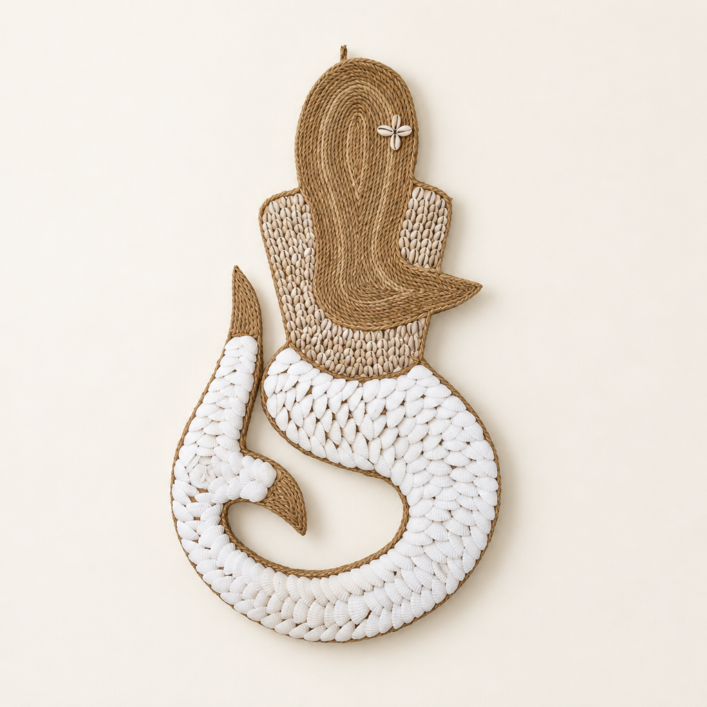 A mermaid-shaped wall hanging made from braided jute rope and white yarn, shown against a plain warm off-white background.