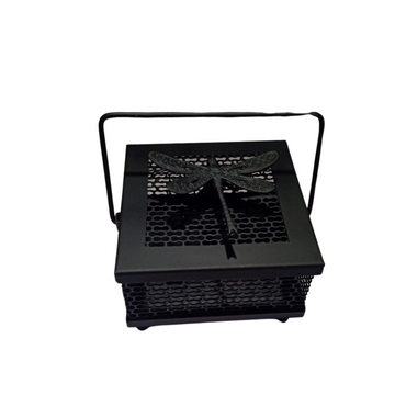 square black basket with a dragonfly on the lid and raised carry handle.