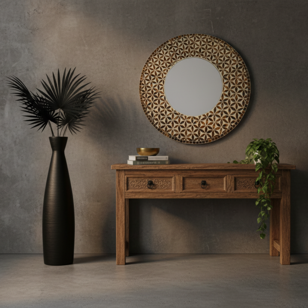 Mila Floor Vase holding dried fan palm stems, black and white styling shot