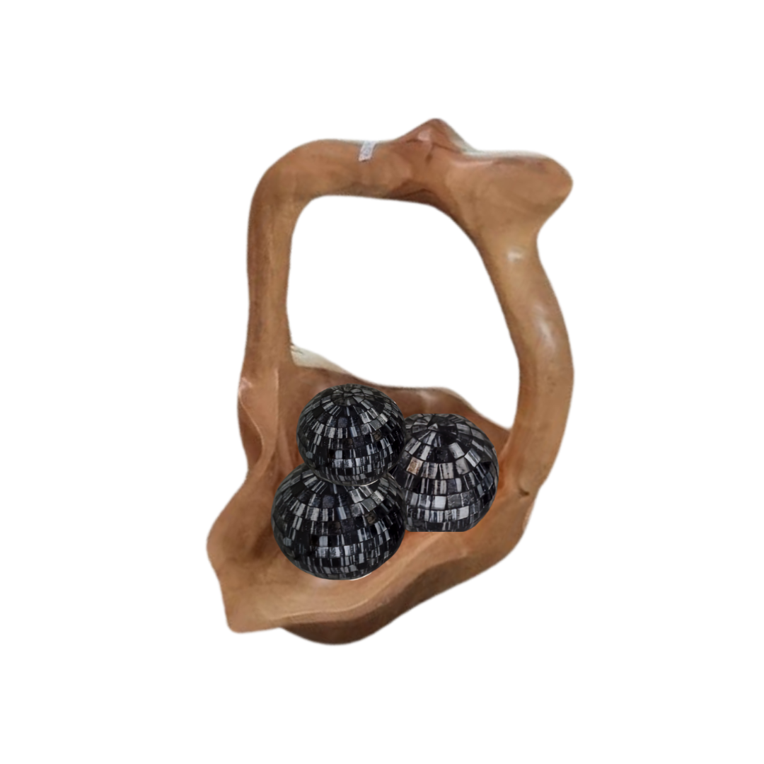 Natural teak root bowl with organic handle on white background