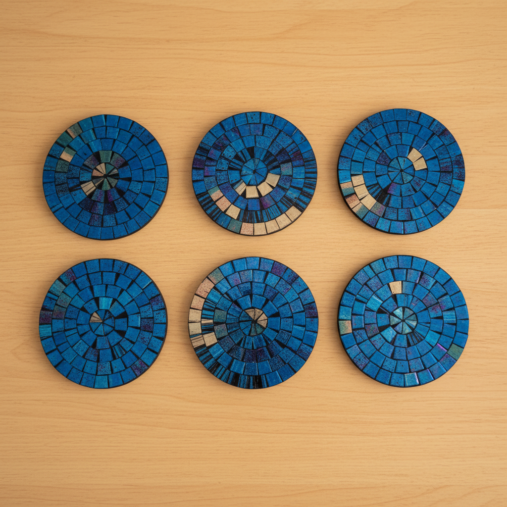 Six round  with iridescent blue and gold spiral tile pattern, arranged in two rows of three style 9