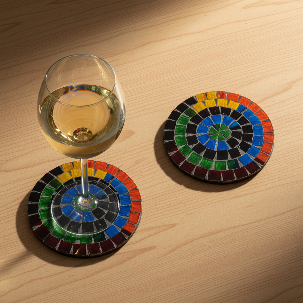 Two round  with concentric rings of multicoloured tiles in red, orange, yellow, green, blue and black, one with a white wine glass resting on it