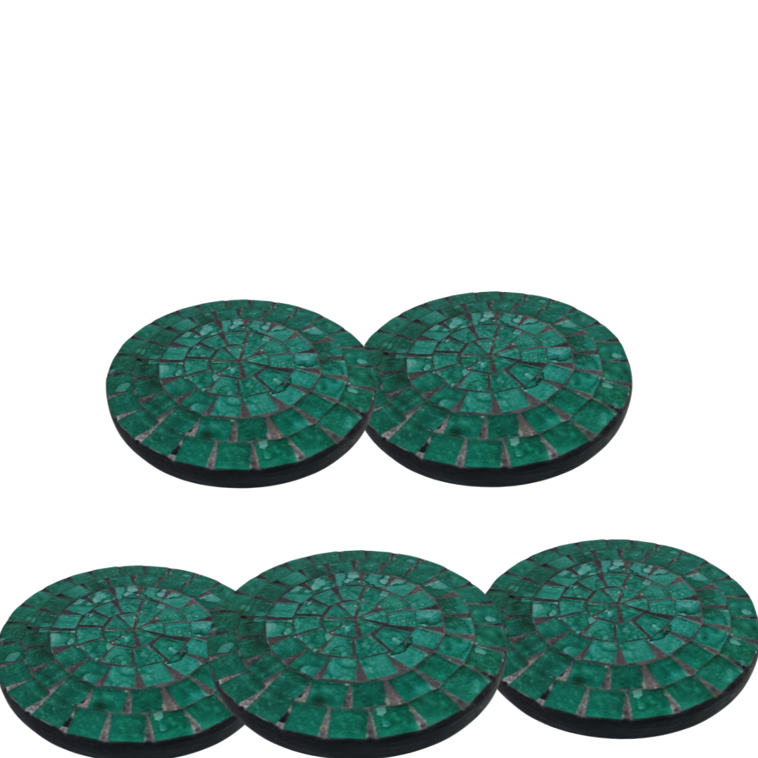 Deep emerald green irregular tile pattern on a black plaster base, arranged in a cluster on a timber surface style 11