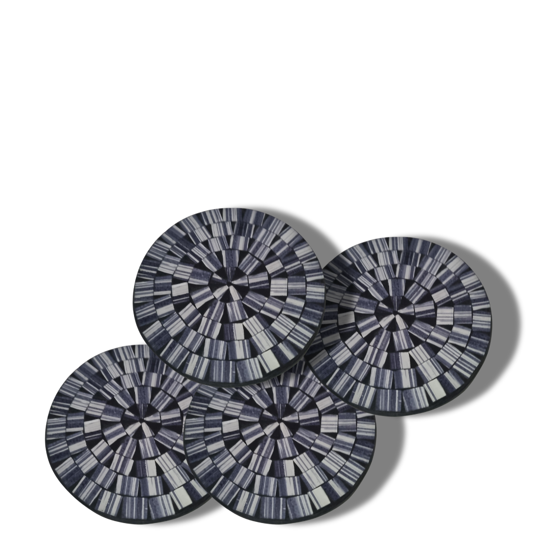 charcoal grey and silver narrow rectangular tiles in a radial sunburst pattern, arranged in an overlapping cluster