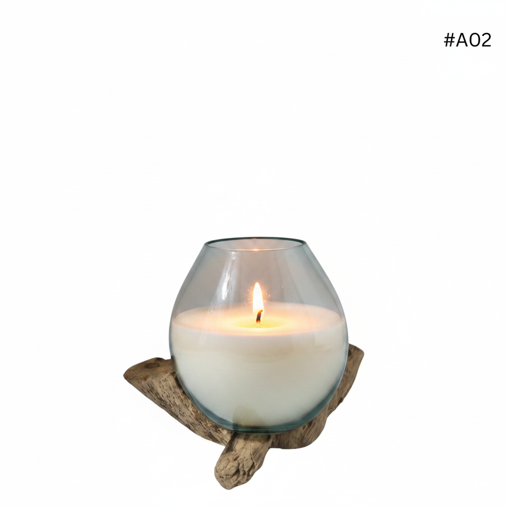 Candle in a glass holder on a wooden base with a white background