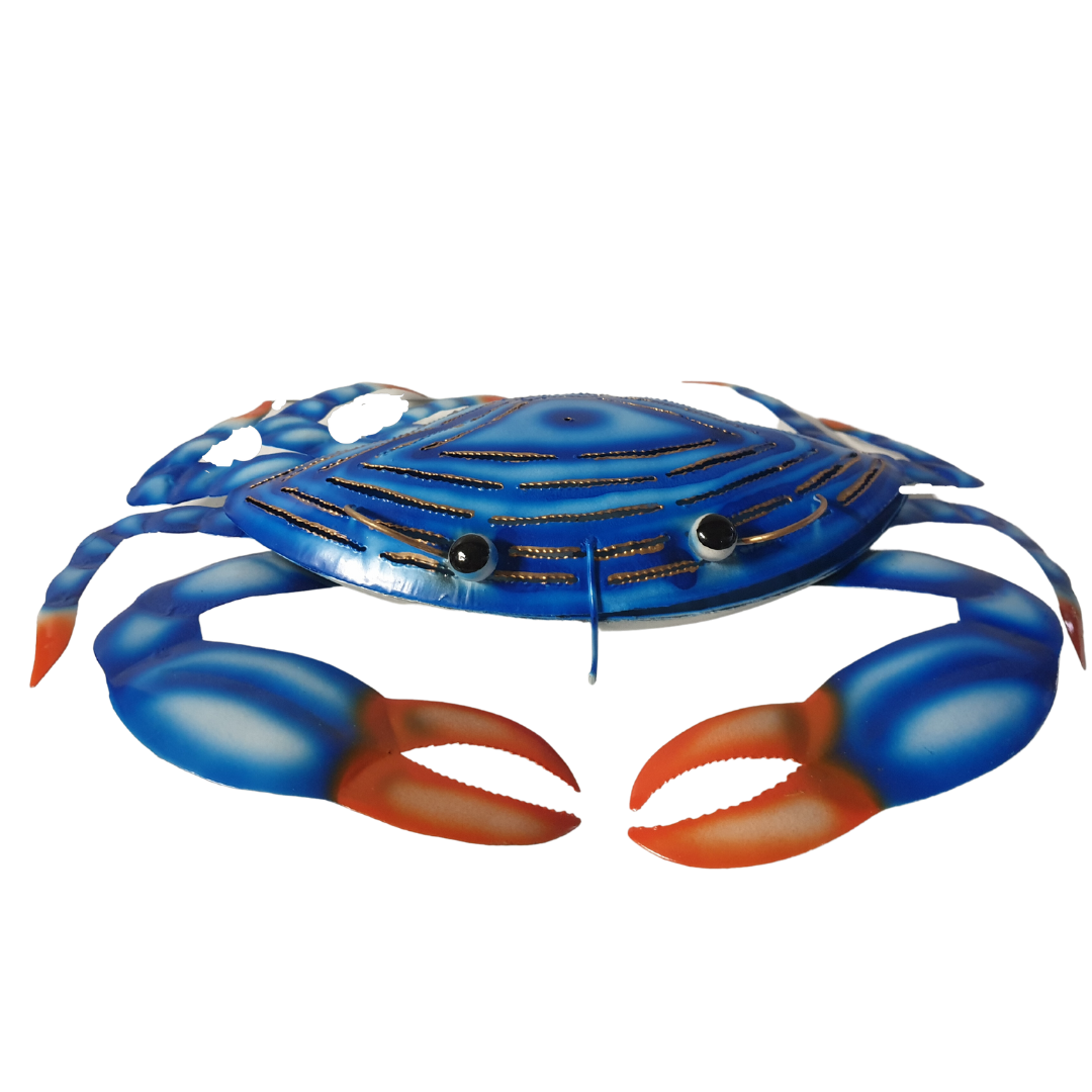 Blue and red painted metal ornament with closed lid, front view on white background

