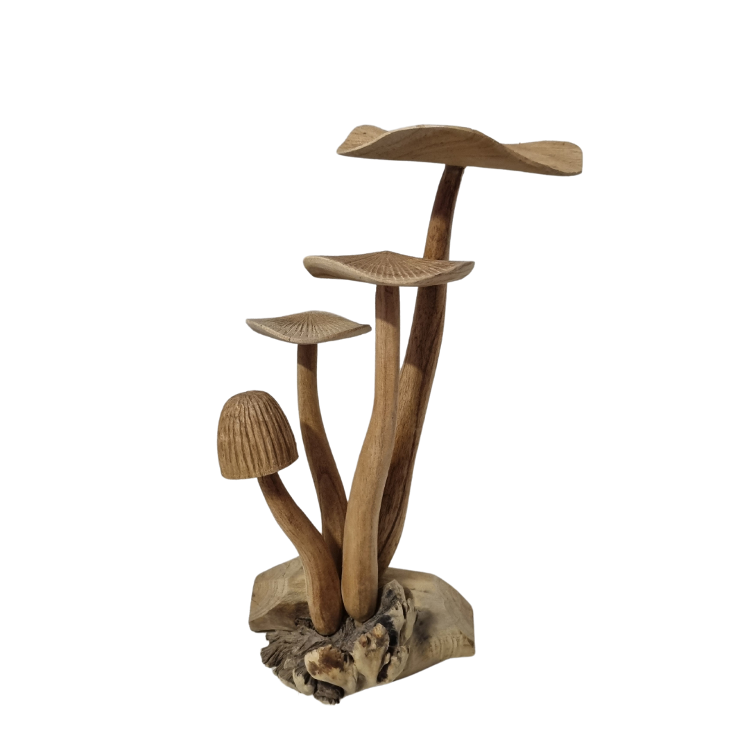 wooden mushroom carving on a white back wall 