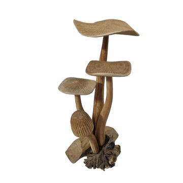 A hand-carved wooden sculpture of mushrooms with three caps, displayed against a white background.