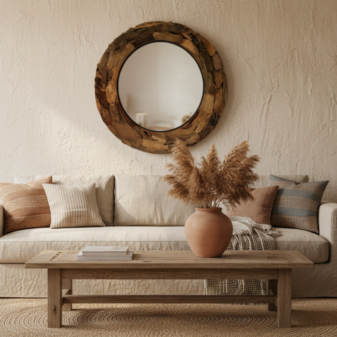 Round driftwood mirror styled as a feature piece in a rustic coastal living room with linen sofa and pampas grass — chunky natural driftwood frame, 80x80cm — handcrafted wall mirror by Azure Decor