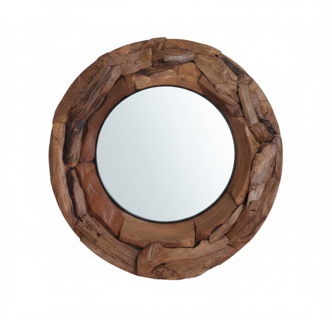 Round Teak Driftwood  mirror — chunky mosaic teak wood piece frame in warm brown tones, 80x80cm — handcrafted rustic coastal wall mirror by Azure Decor