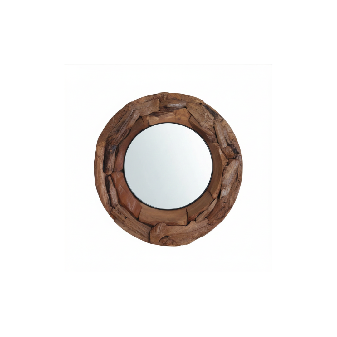 Round Teak Driftwood mirror — chunky mosaic teak wood piece frame in warm brown tones, 80x80cm — handcrafted rustic coastal wall mirror by Azure Decor