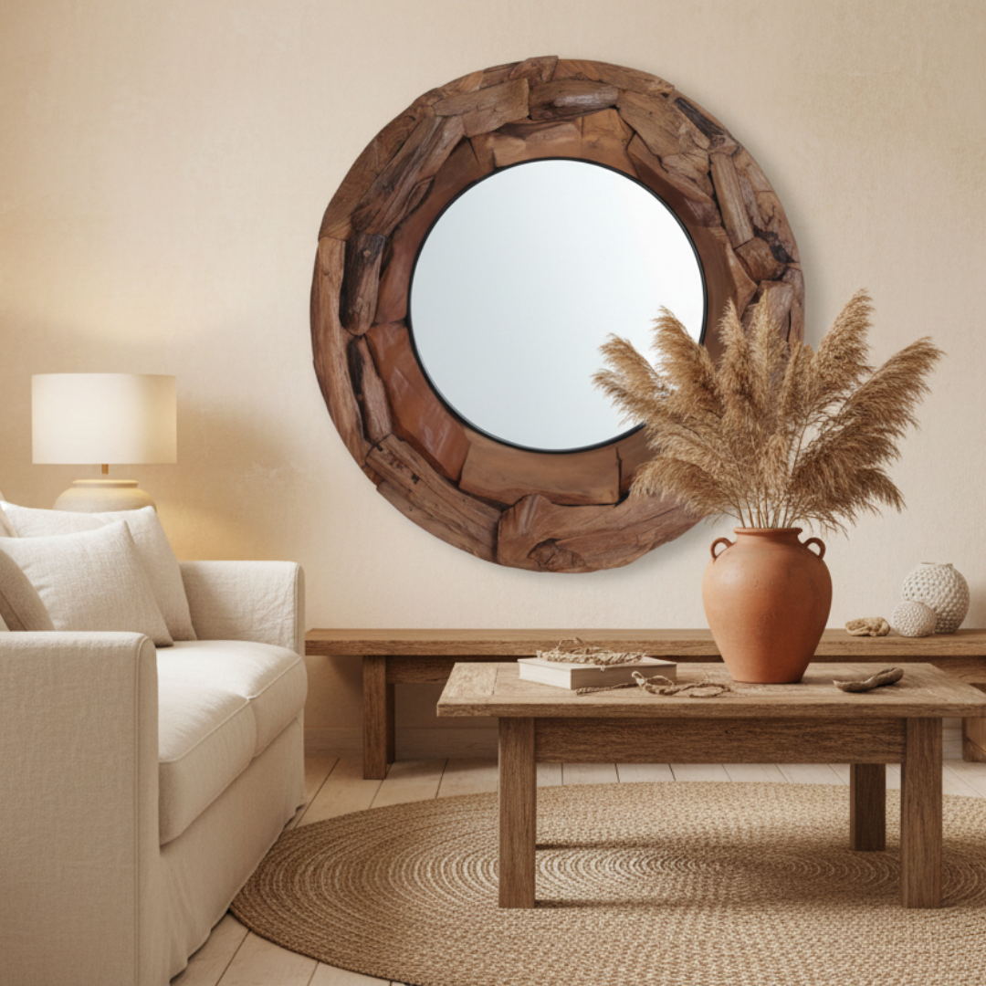 Round Teak Driftwood mirror styled as a large feature piece in a rustic coastal living room with linen sofa, jute rug and pampas grass — chunky mosaic teak frame, 80x80cm — handcrafted wall mirror by Azure Decor