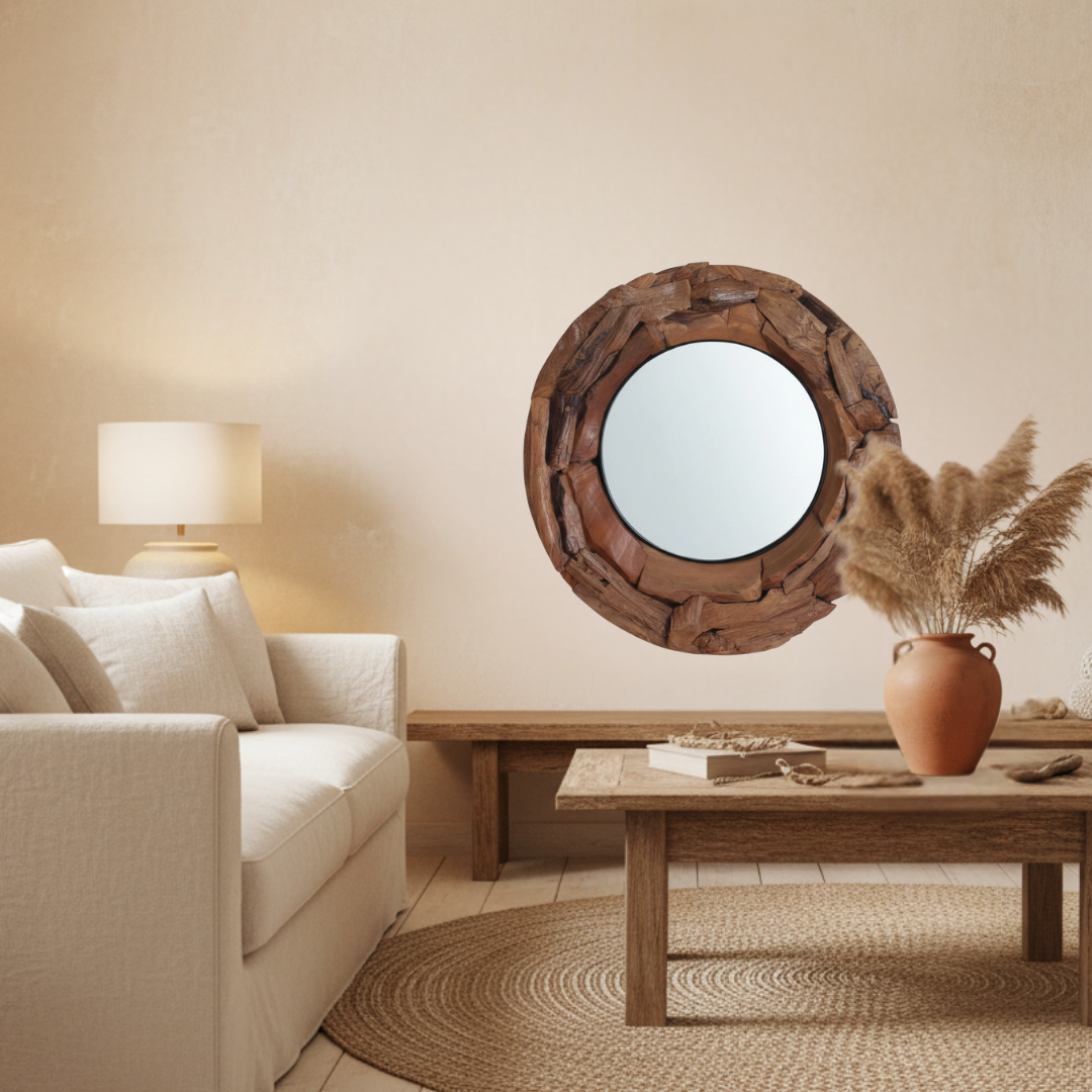 Round teak driftwood mirror styled as a large feature piece in a rustic coastal living room with linen sofa, jute rug and pampas grass — chunky mosaic teak frame, 80x80cm — handcrafted wall mirror by Azure Decor