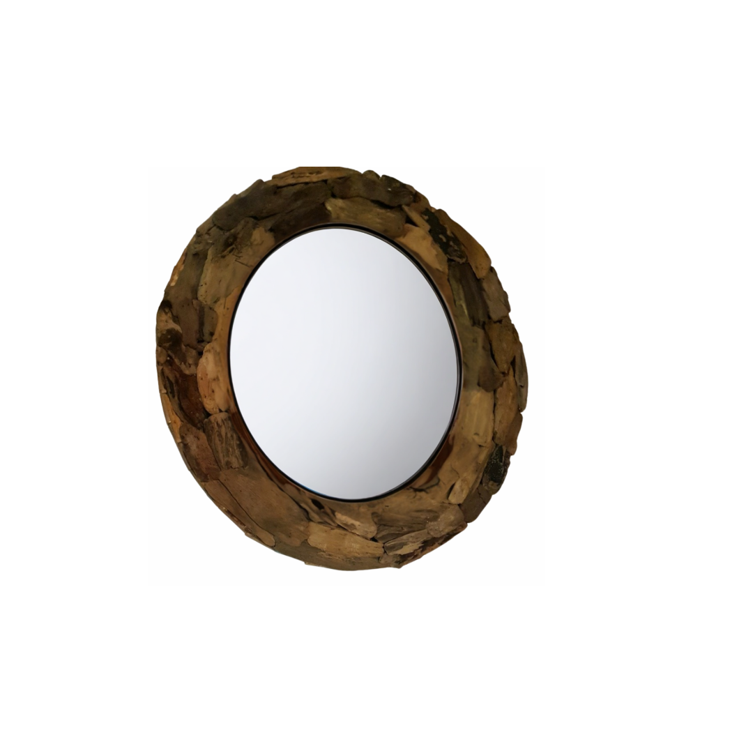 Angle Shot Round driftwood mirror — chunky natural driftwood piece frame with rustic bark texture, 80cm — handcrafted coastal rustic wall mirror by Azure Decor