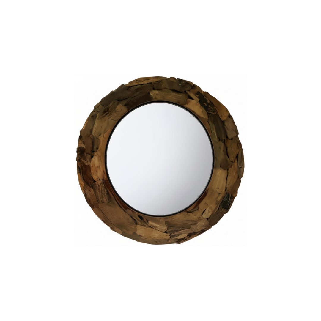  Round driftwood mirror — chunky natural driftwood piece frame with rustic bark texture, 80cm — handcrafted coastal rustic wall mirror by Azure Decor