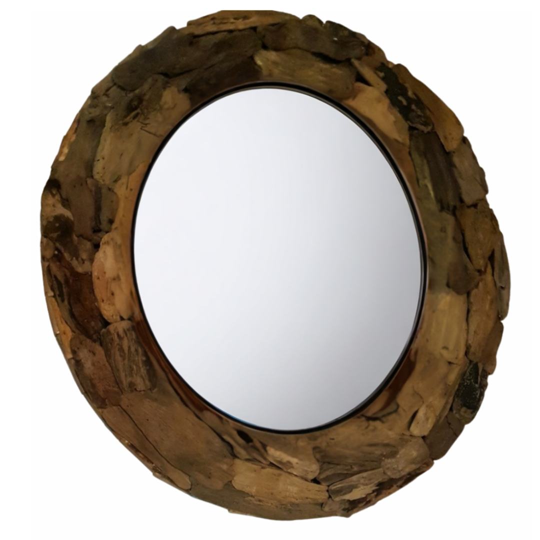 Angle shot Round driftwood mirror — chunky natural driftwood piece frame with rustic bark texture, 80cm — handcrafted coastal rustic wall mirror by Azure Decor