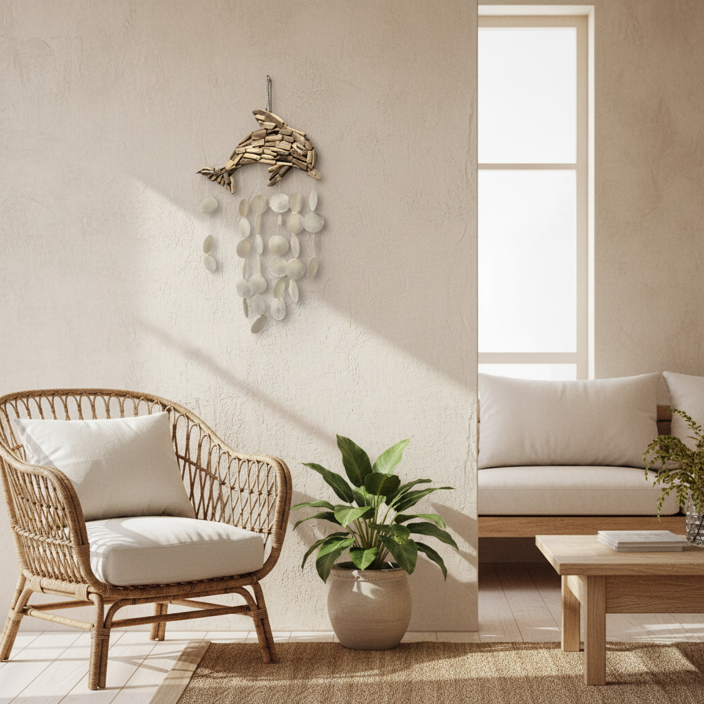 A boho-style dolphin wall hanging with white shell-like drops is displayed on a textured beige wall in a sunlit living room. The room features a wicker armchair with a white cushion, a potted green plant, and a wooden coffee table, with a sofa visible in the background.