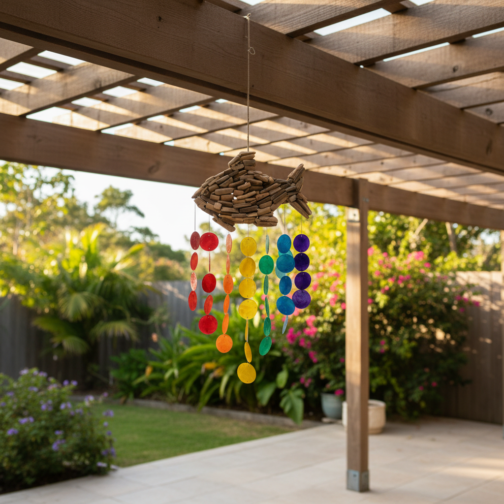 Wooden fish hanging in a home patio with green garden setting 